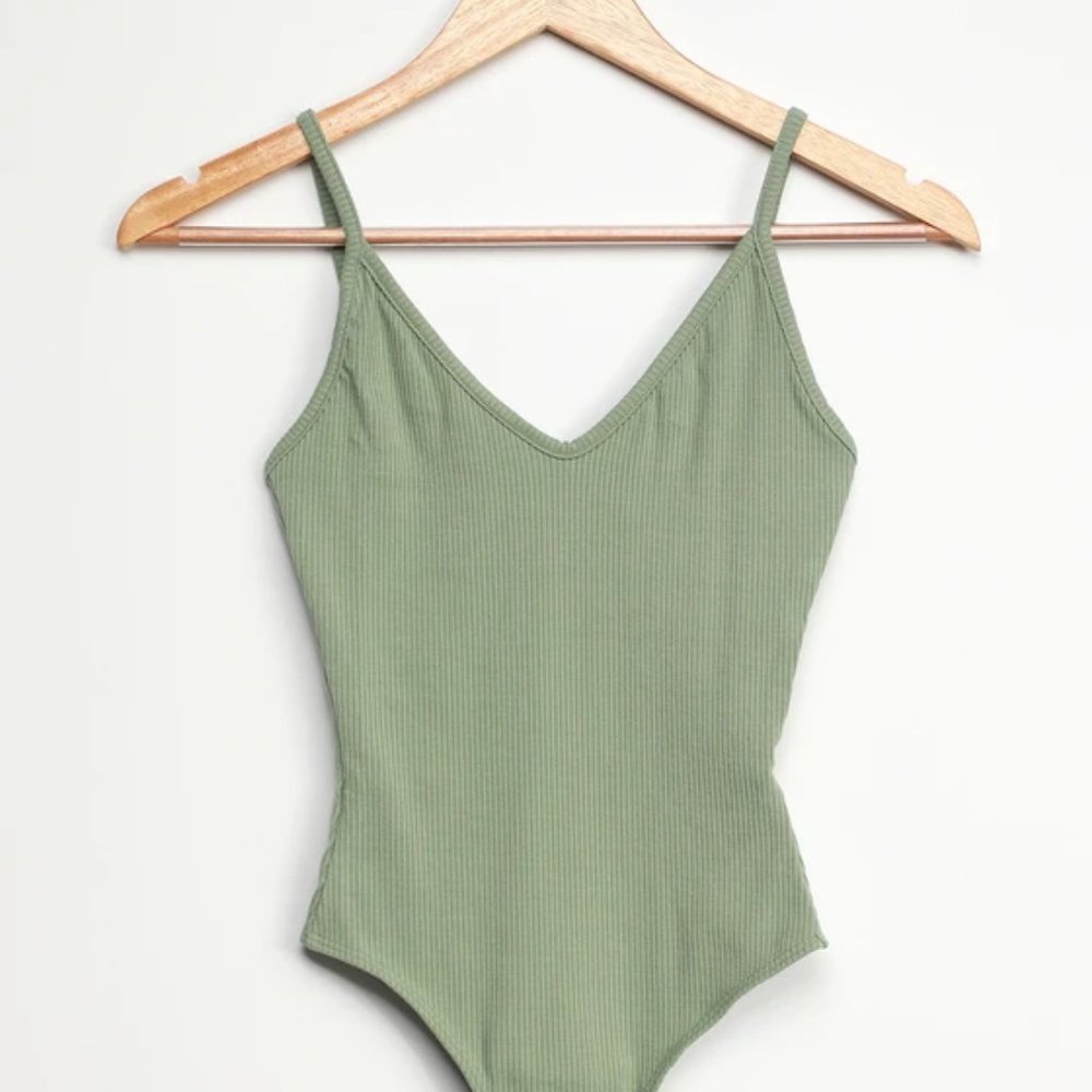 Lulu's Sage Green Ribbed V-Neck Cami Bodysuit